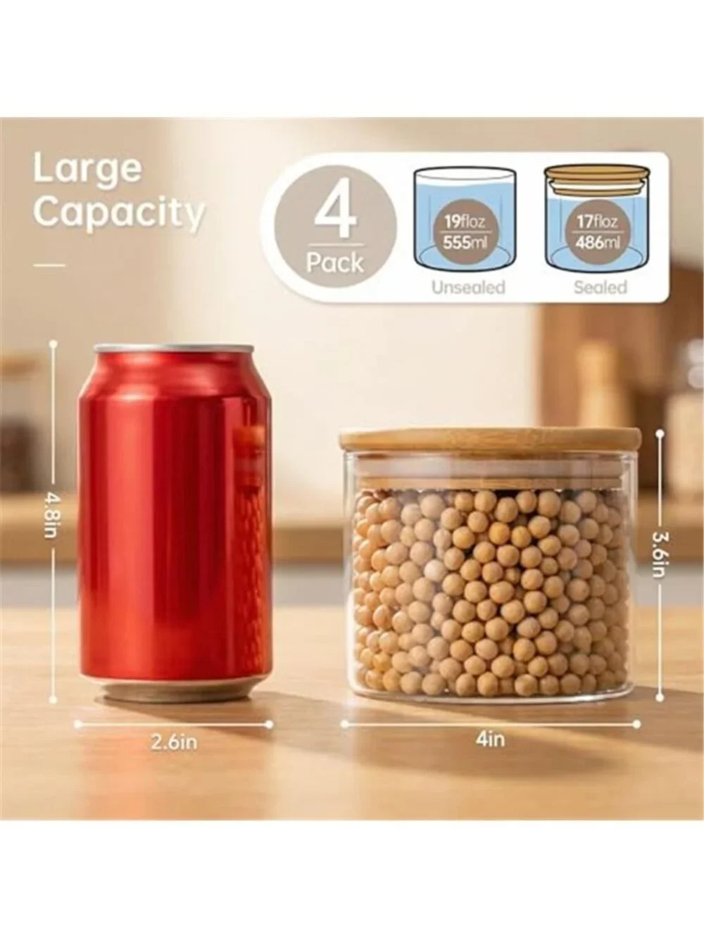 17oz - 4 Pack Glass Jars with Bamboo Lids, Glass Food Storage Containers